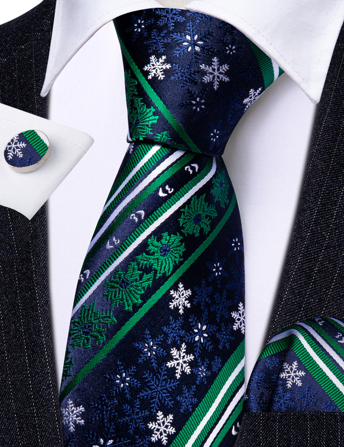Blue Green Christmas Snowflake Silk Tie, Pocket Square and Cufflinks Set tie sets    - Sophisticated Gentlemen