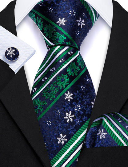 Blue Green Christmas Snowflake Silk Tie, Pocket Square and Cufflinks Set tie sets    - Sophisticated Gentlemen