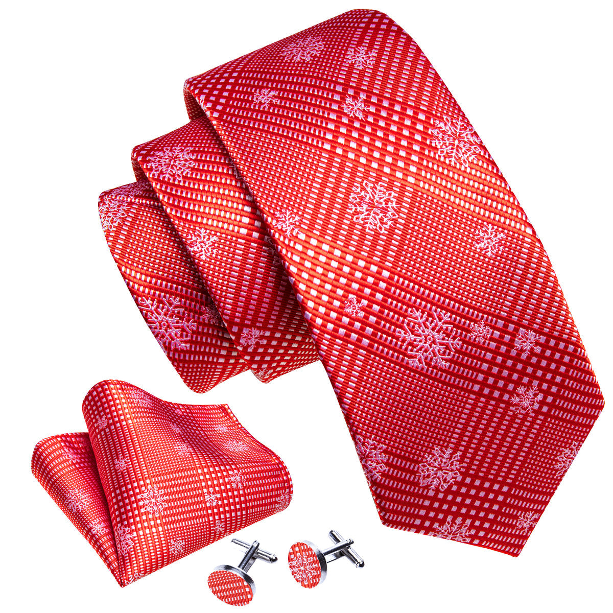 Red White Striped Christmas Snowflake Silk Tie, Pocket Square and Cufflinks Set tie sets    - Sophisticated Gentlemen