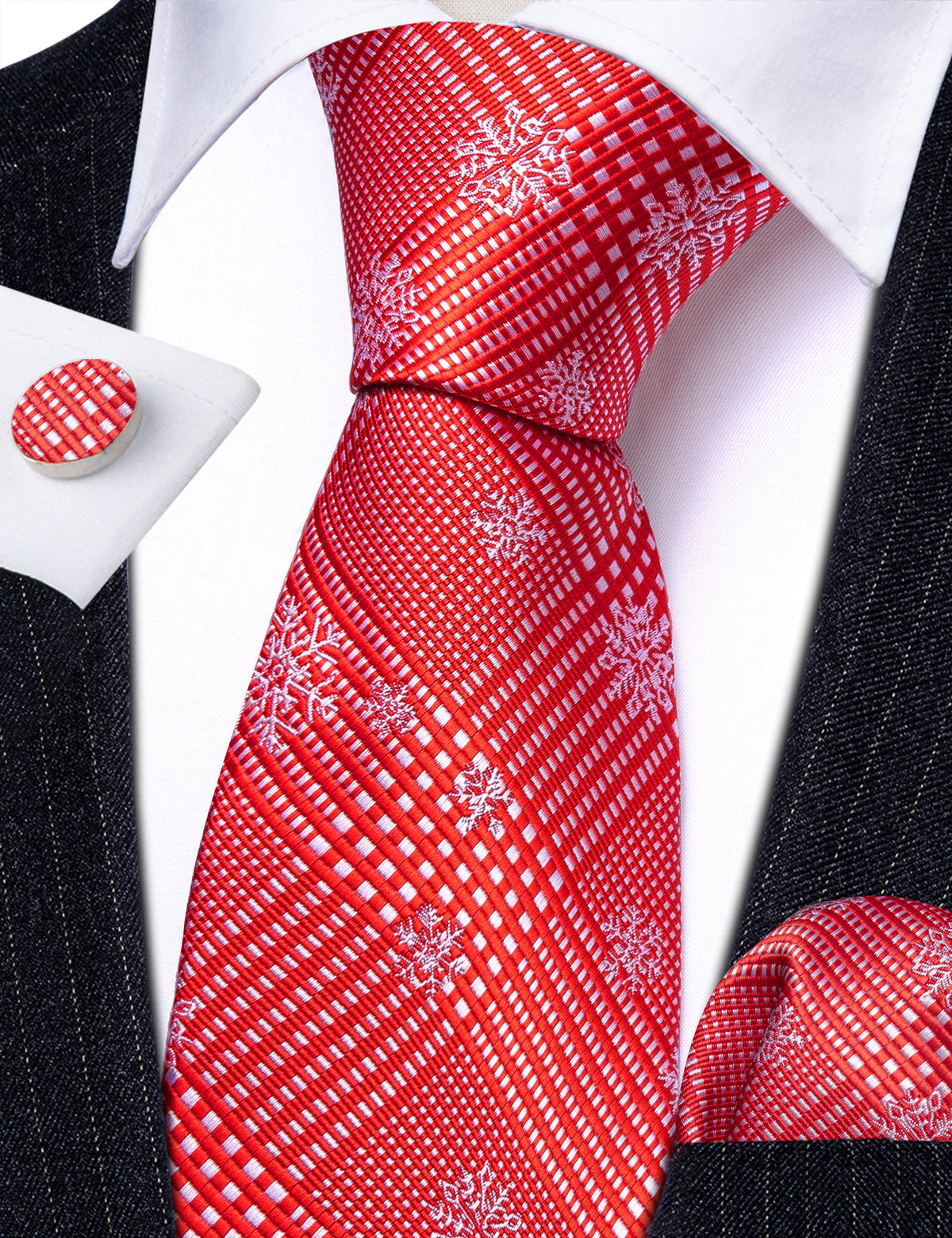 Red White Striped Christmas Snowflake Silk Tie, Pocket Square and Cufflinks Set tie sets    - Sophisticated Gentlemen