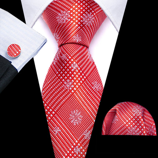 Red White Striped Christmas Snowflake Silk Tie, Pocket Square and Cufflinks Set tie sets    - Sophisticated Gentlemen