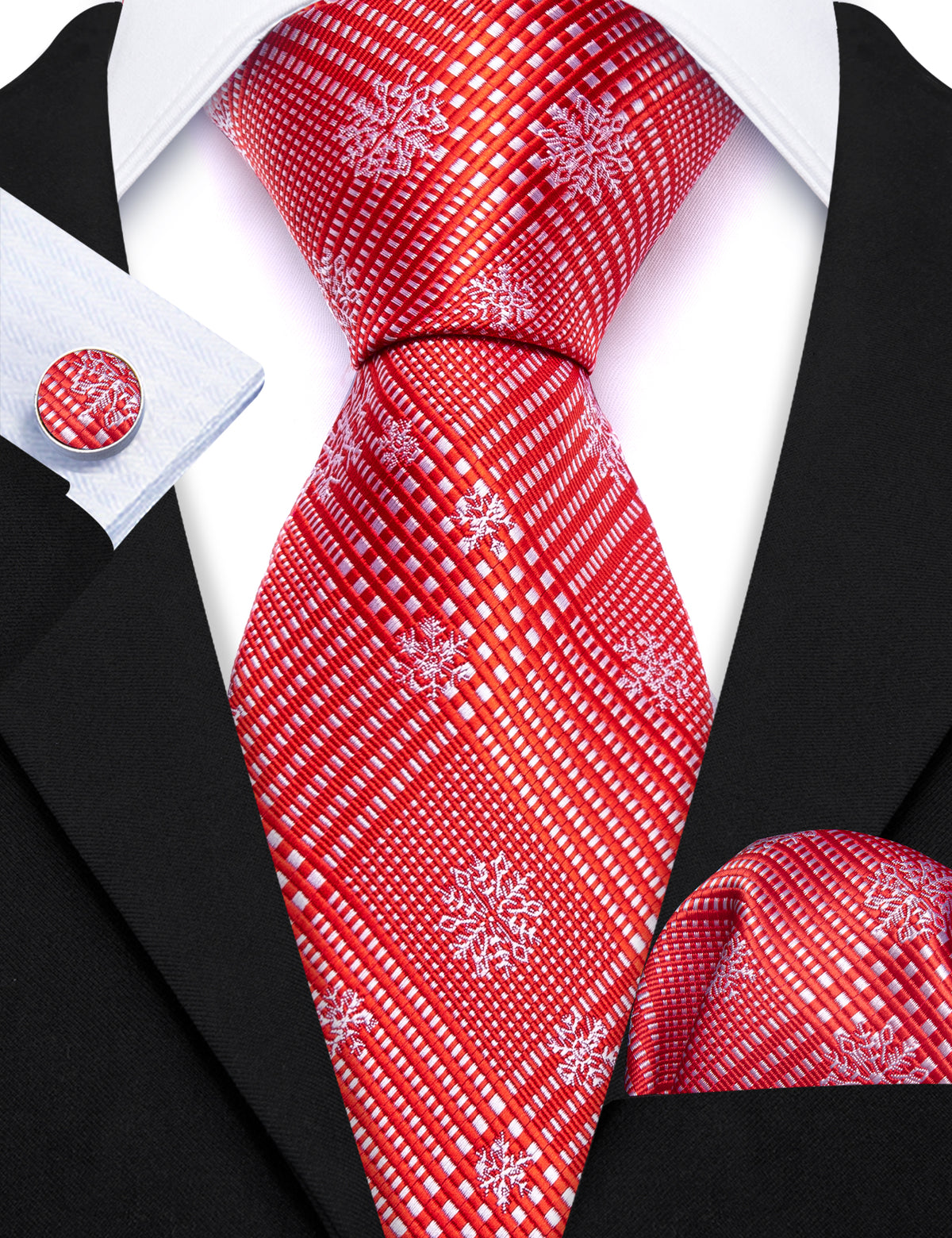 Red White Striped Christmas Snowflake Silk Tie, Pocket Square and Cufflinks Set tie sets    - Sophisticated Gentlemen