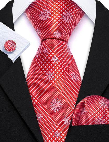 Red White Striped Christmas Snowflake Silk Tie, Pocket Square and Cufflinks Set tie sets    - Sophisticated Gentlemen