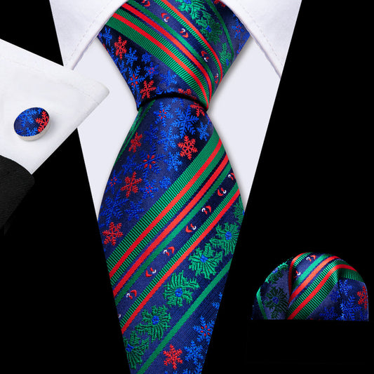 Blue Green Christmas Striped Floral Tie, Pocket Square and Cufflinks Set tie sets    - Sophisticated Gentlemen