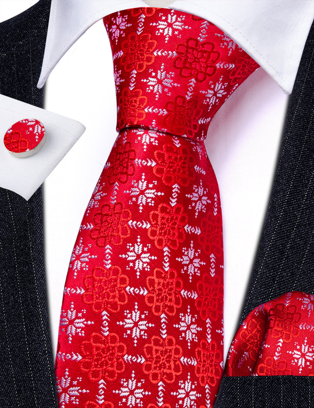 Red Christmas Snowflake Silk Tie, Pocket Square and Cufflinks Set tie sets    - Sophisticated Gentlemen
