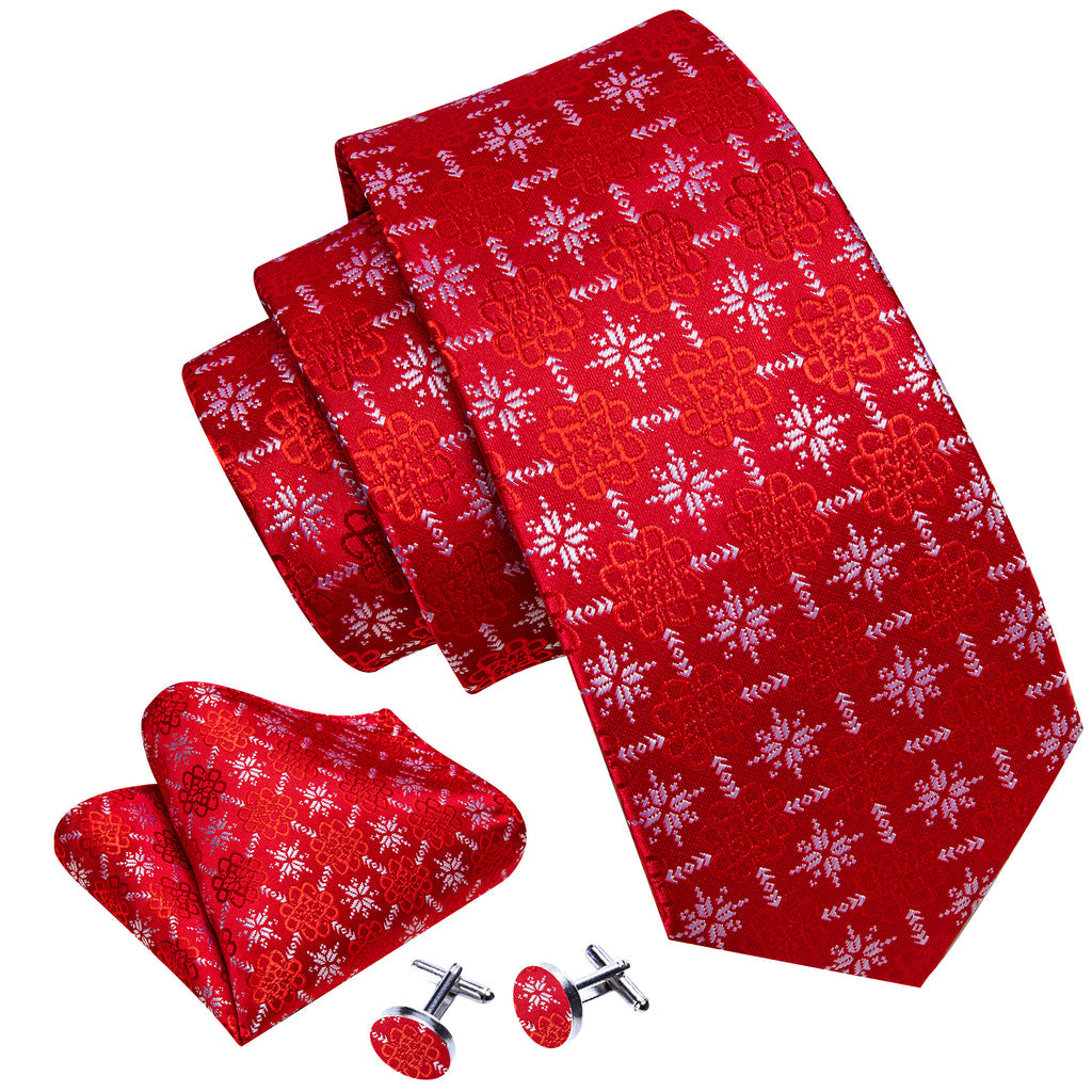 Red Christmas Snowflake Silk Tie, Pocket Square and Cufflinks Set tie sets    - Sophisticated Gentlemen
