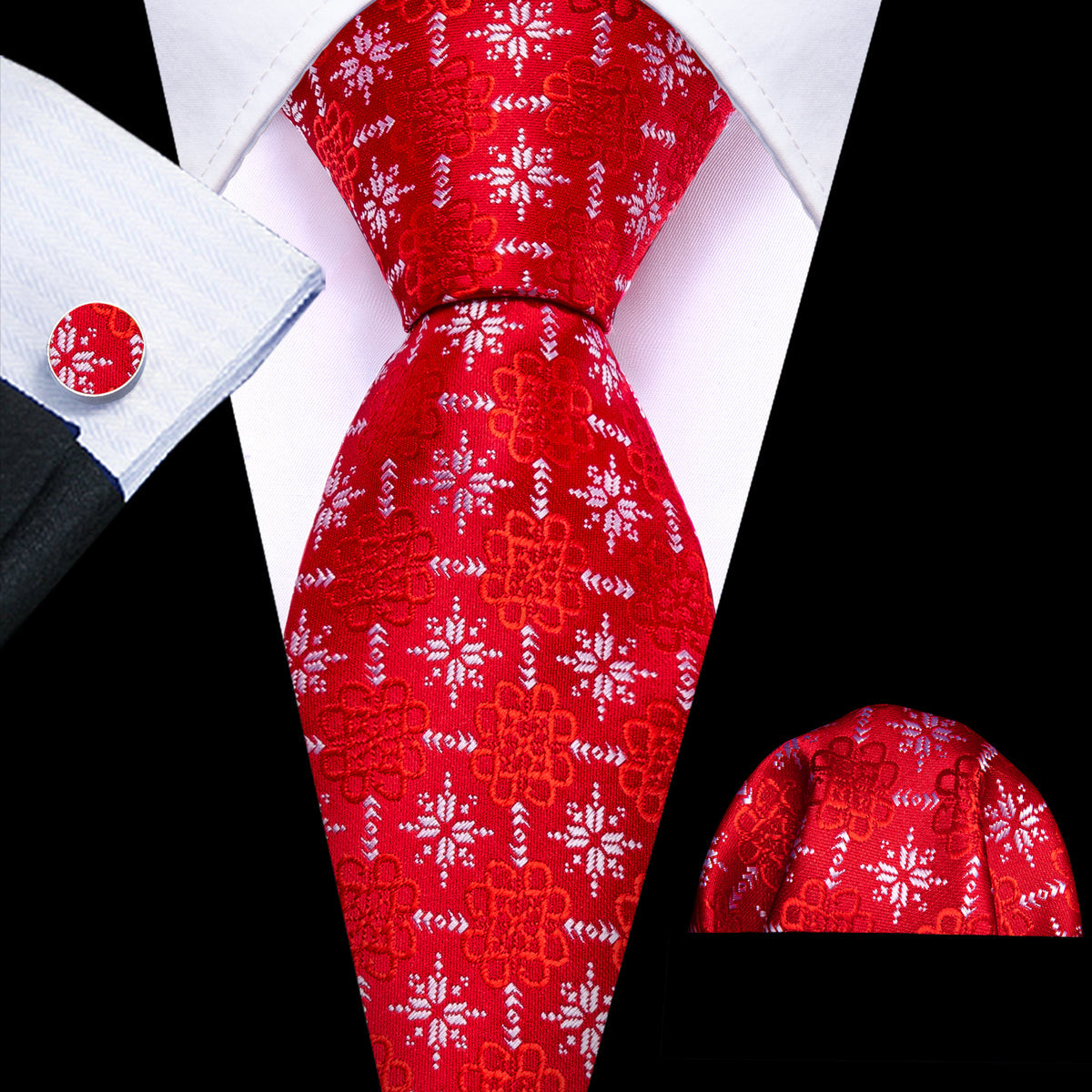 Red Christmas Snowflake Silk Tie, Pocket Square and Cufflinks Set tie sets    - Sophisticated Gentlemen