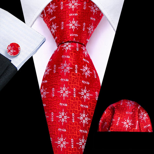 Red Christmas Snowflake Silk Tie, Pocket Square and Cufflinks Set tie sets    - Sophisticated Gentlemen