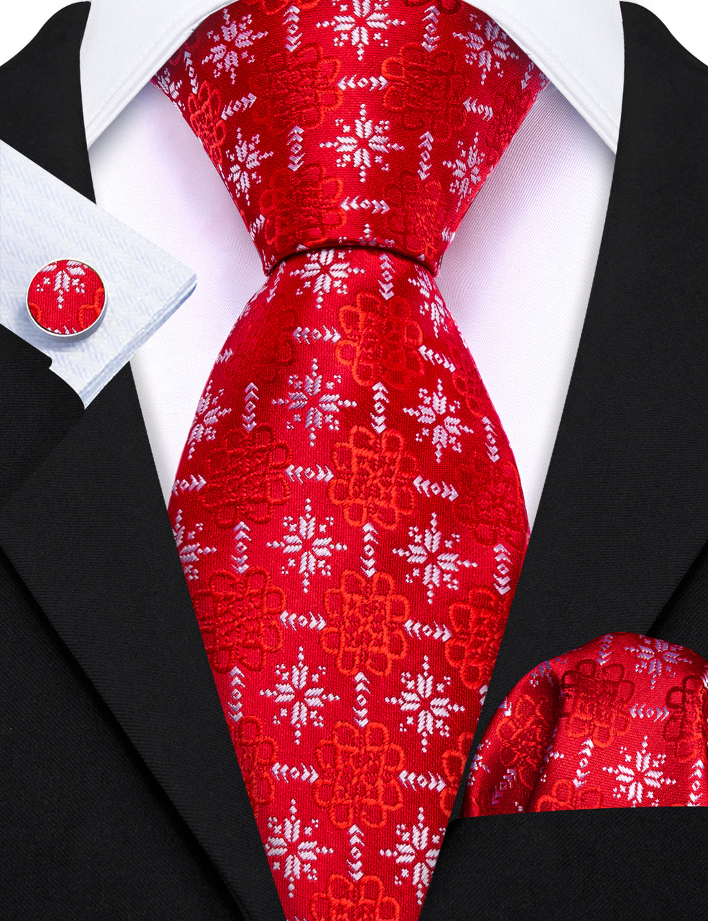 Red Christmas Snowflake Silk Tie, Pocket Square and Cufflinks Set tie sets    - Sophisticated Gentlemen