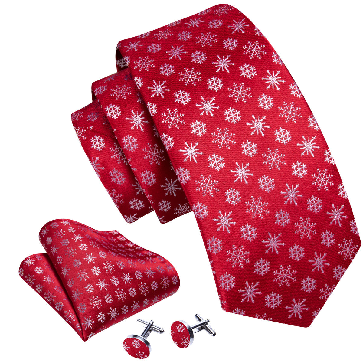 Red White Christmas Snowflake Tie, Pocket Square and Cufflinks Set tie sets    - Sophisticated Gentlemen
