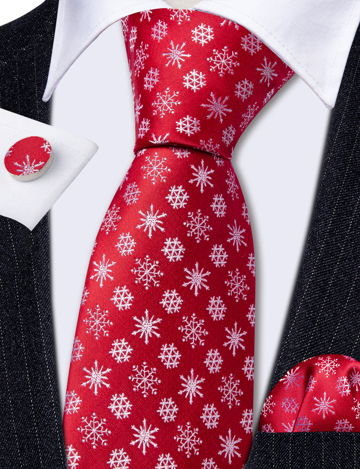 Red White Christmas Snowflake Tie, Pocket Square and Cufflinks Set tie sets    - Sophisticated Gentlemen