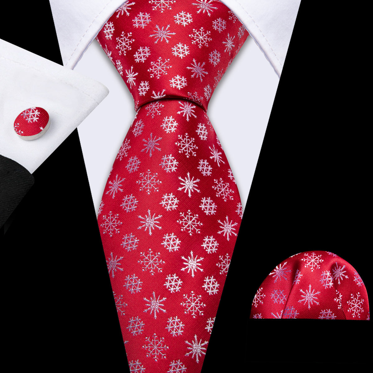 Red White Christmas Snowflake Tie, Pocket Square and Cufflinks Set tie sets    - Sophisticated Gentlemen