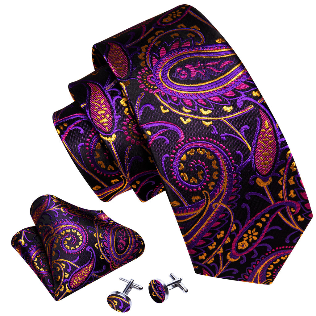 Black Purple Paisley Silk Tie, Pocket Square and Cufflinks Set tie sets    - Sophisticated Gentlemen