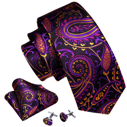 Black Purple Paisley Silk Tie, Pocket Square and Cufflinks Set tie sets    - Sophisticated Gentlemen