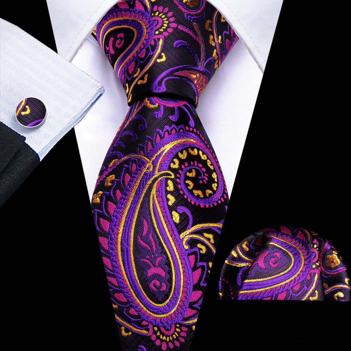 Black Purple Paisley Silk Tie, Pocket Square and Cufflinks Set tie sets    - Sophisticated Gentlemen