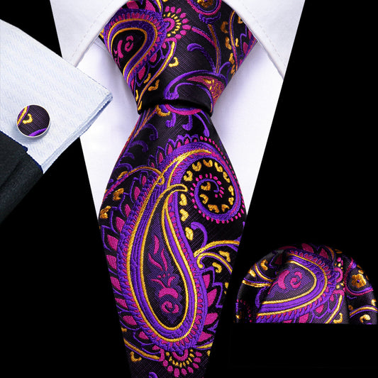 Black Purple Paisley Silk Tie, Pocket Square and Cufflinks Set tie sets    - Sophisticated Gentlemen
