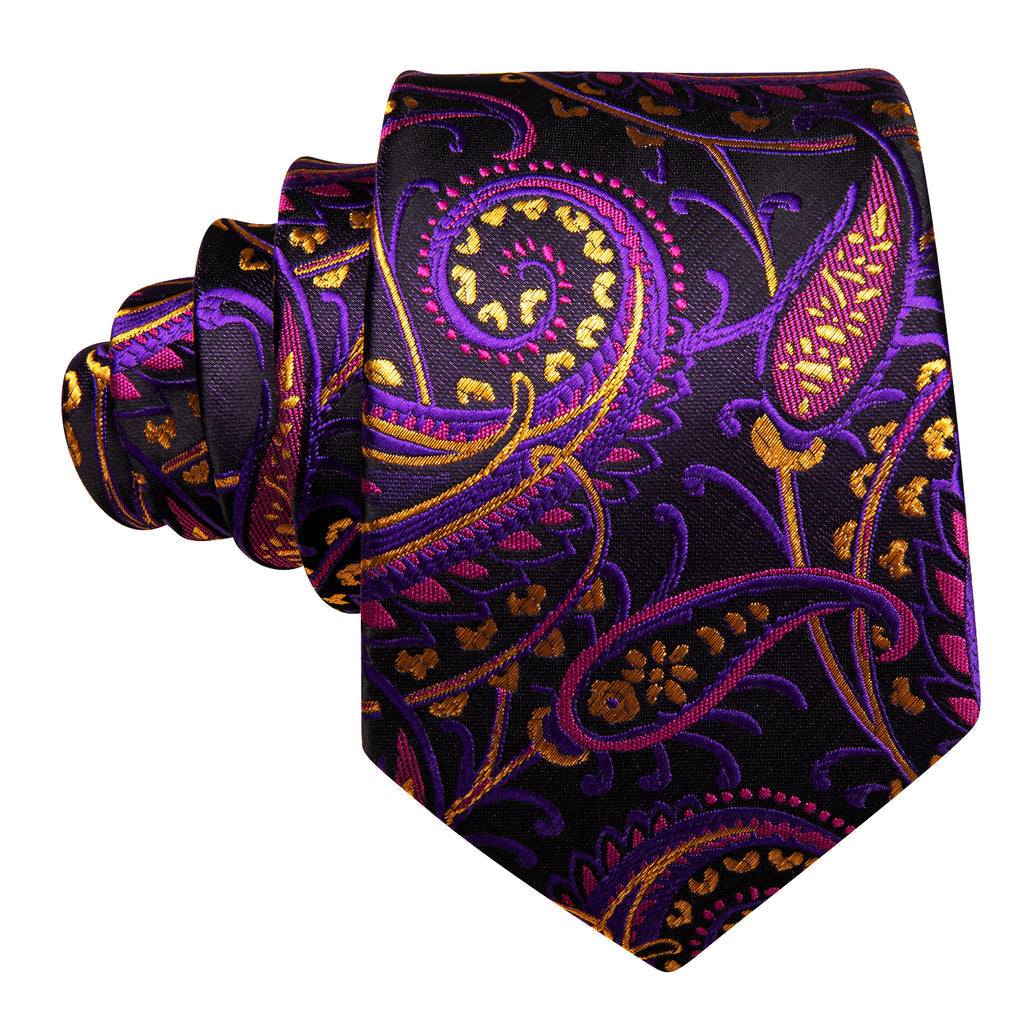 Black Purple Paisley Silk Tie, Pocket Square and Cufflinks Set tie sets    - Sophisticated Gentlemen