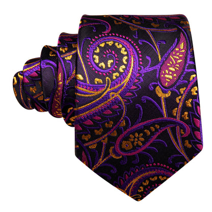 Black Purple Paisley Silk Tie, Pocket Square and Cufflinks Set tie sets    - Sophisticated Gentlemen