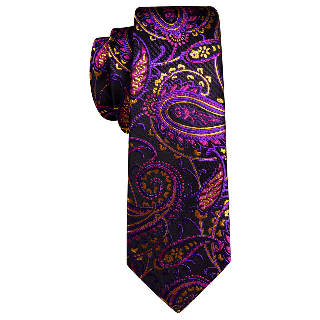 Black Purple Paisley Silk Tie, Pocket Square and Cufflinks Set tie sets    - Sophisticated Gentlemen
