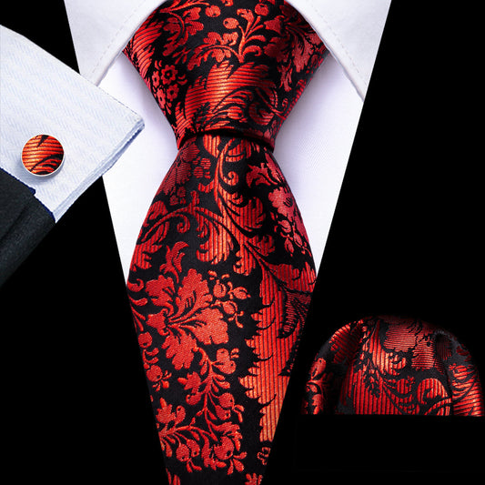Red Black Paisley Silk Tie, Pocket Square and Cufflinks Set tie sets    - Sophisticated Gentlemen