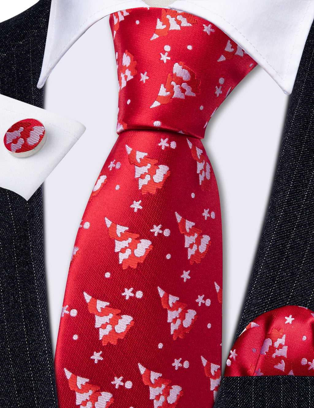 Red White Christmas Tree Tie, Pocket Square and Cufflinks Set tie sets    - Sophisticated Gentlemen