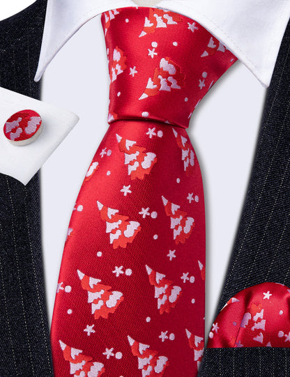 Red White Christmas Tree Tie, Pocket Square and Cufflinks Set tie sets    - Sophisticated Gentlemen