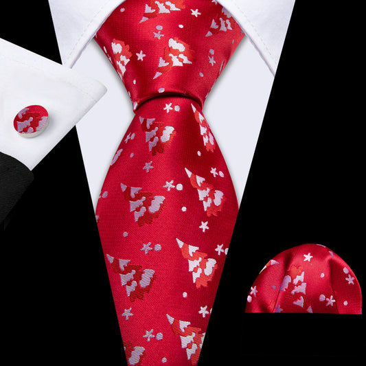 Red White Christmas Tree Tie, Pocket Square and Cufflinks Set tie sets    - Sophisticated Gentlemen