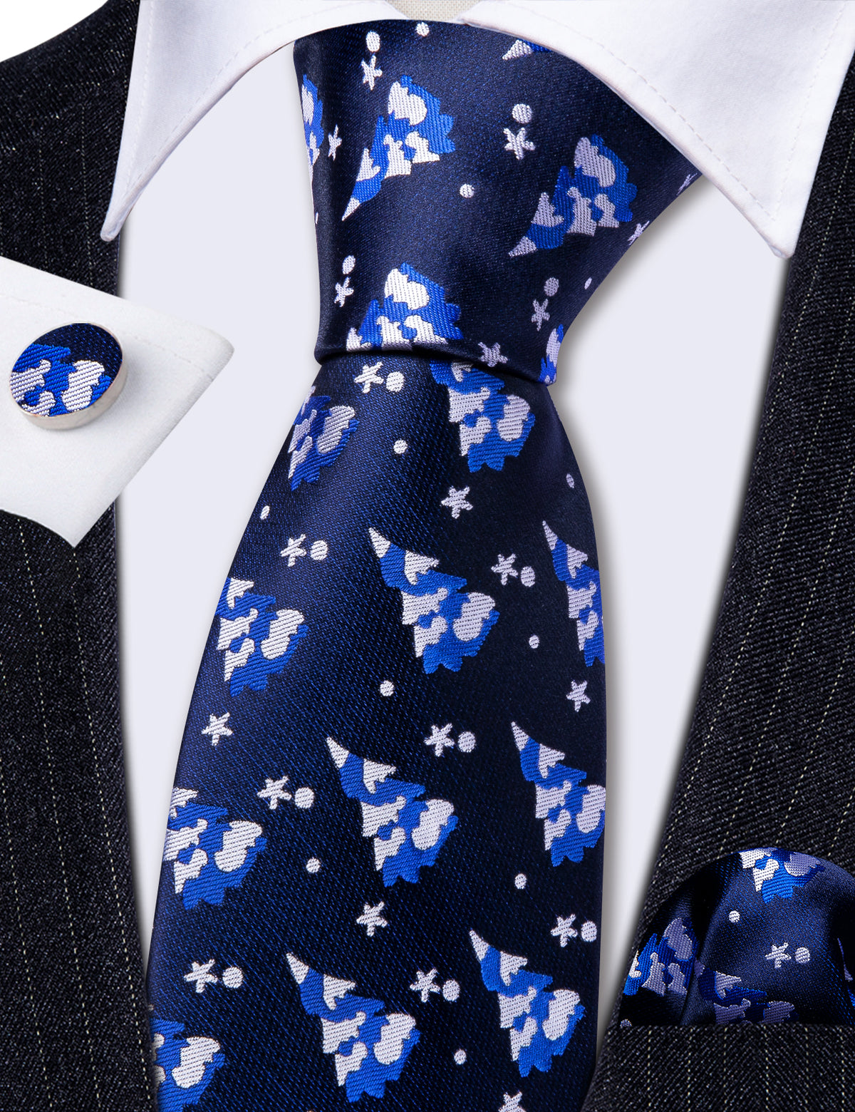 Blue White Jacquard Pattern Tie, Pocket Square and Cufflinks Set tie sets    - Sophisticated Gentlemen