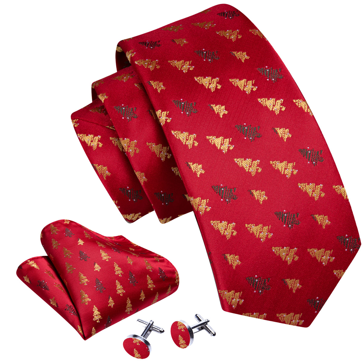 Red Gold Christmas Tree Pattern Tie, Pocket Square and Cufflinks Set tie sets    - Sophisticated Gentlemen