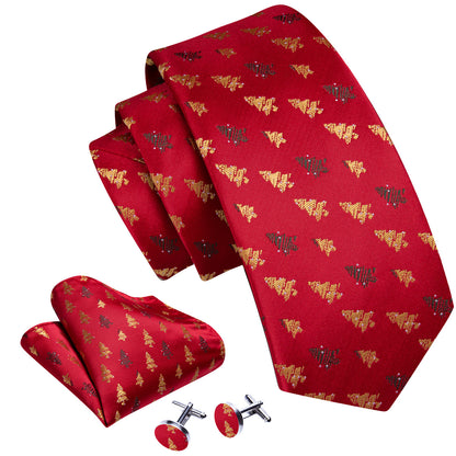Red Gold Christmas Tree Pattern Tie, Pocket Square and Cufflinks Set tie sets    - Sophisticated Gentlemen