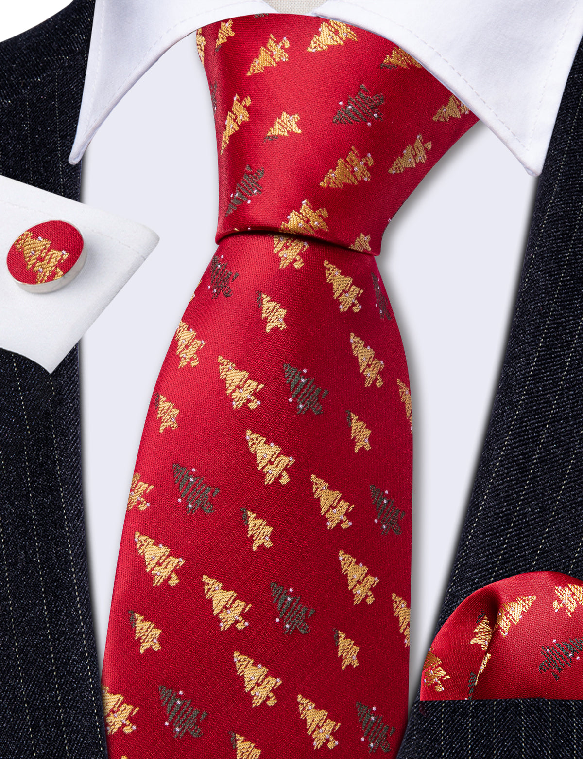 Red Gold Christmas Tree Pattern Tie, Pocket Square and Cufflinks Set tie sets    - Sophisticated Gentlemen