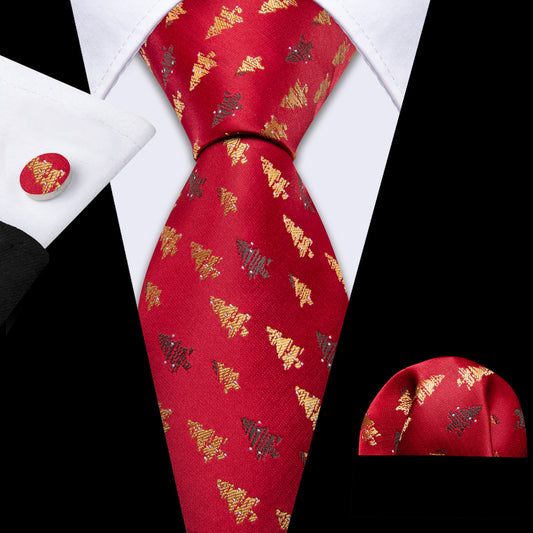 Red Gold Christmas Tree Pattern Tie, Pocket Square and Cufflinks Set tie sets    - Sophisticated Gentlemen