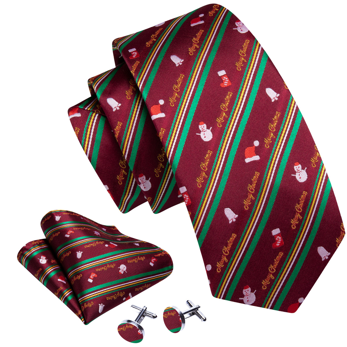 Christmas Claret Xmas Santa Claus Pattern Tie, Pocket Square and Cufflinks Set tie sets    - Sophisticated Gentlemen
