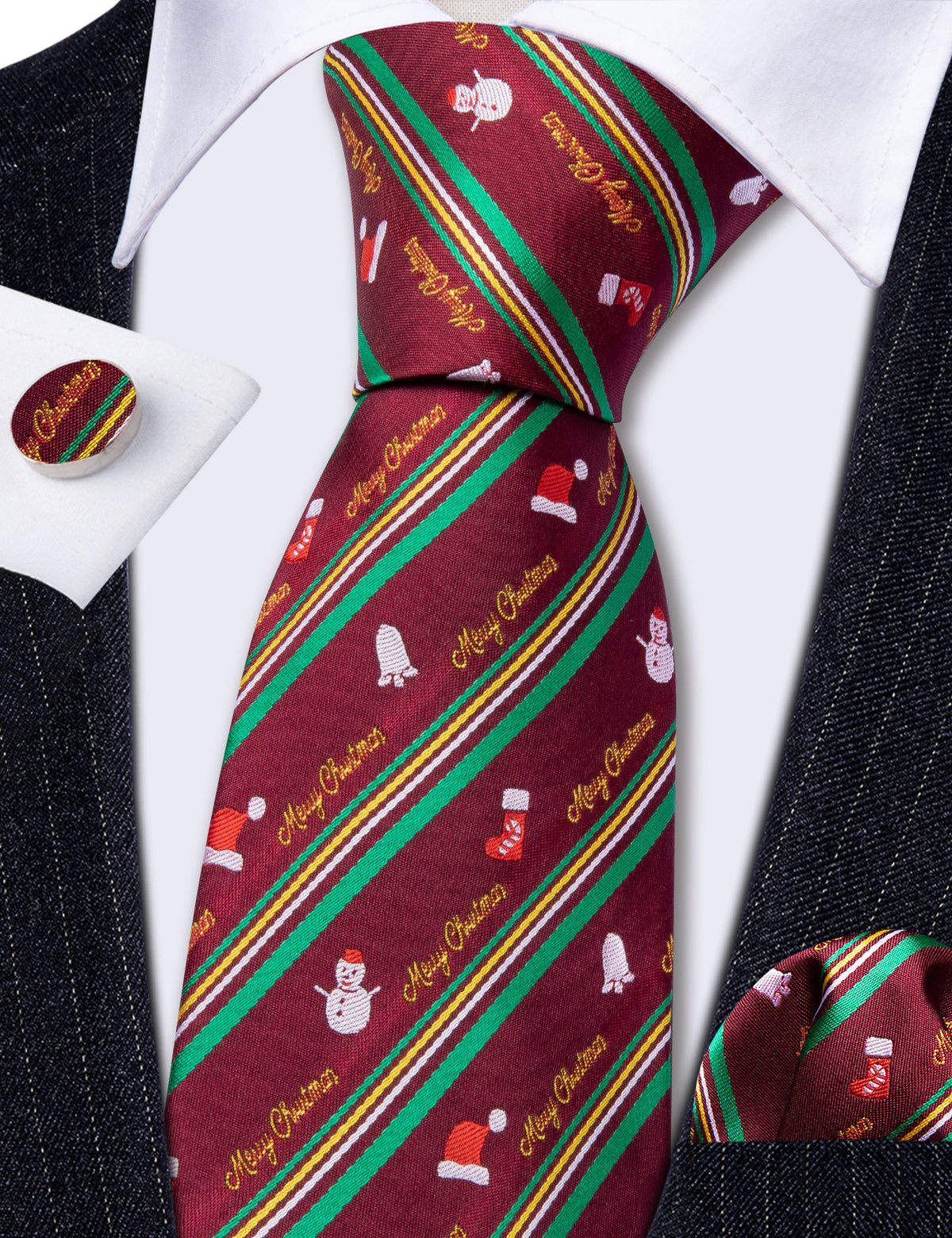 Christmas Claret Xmas Santa Claus Pattern Tie, Pocket Square and Cufflinks Set tie sets    - Sophisticated Gentlemen