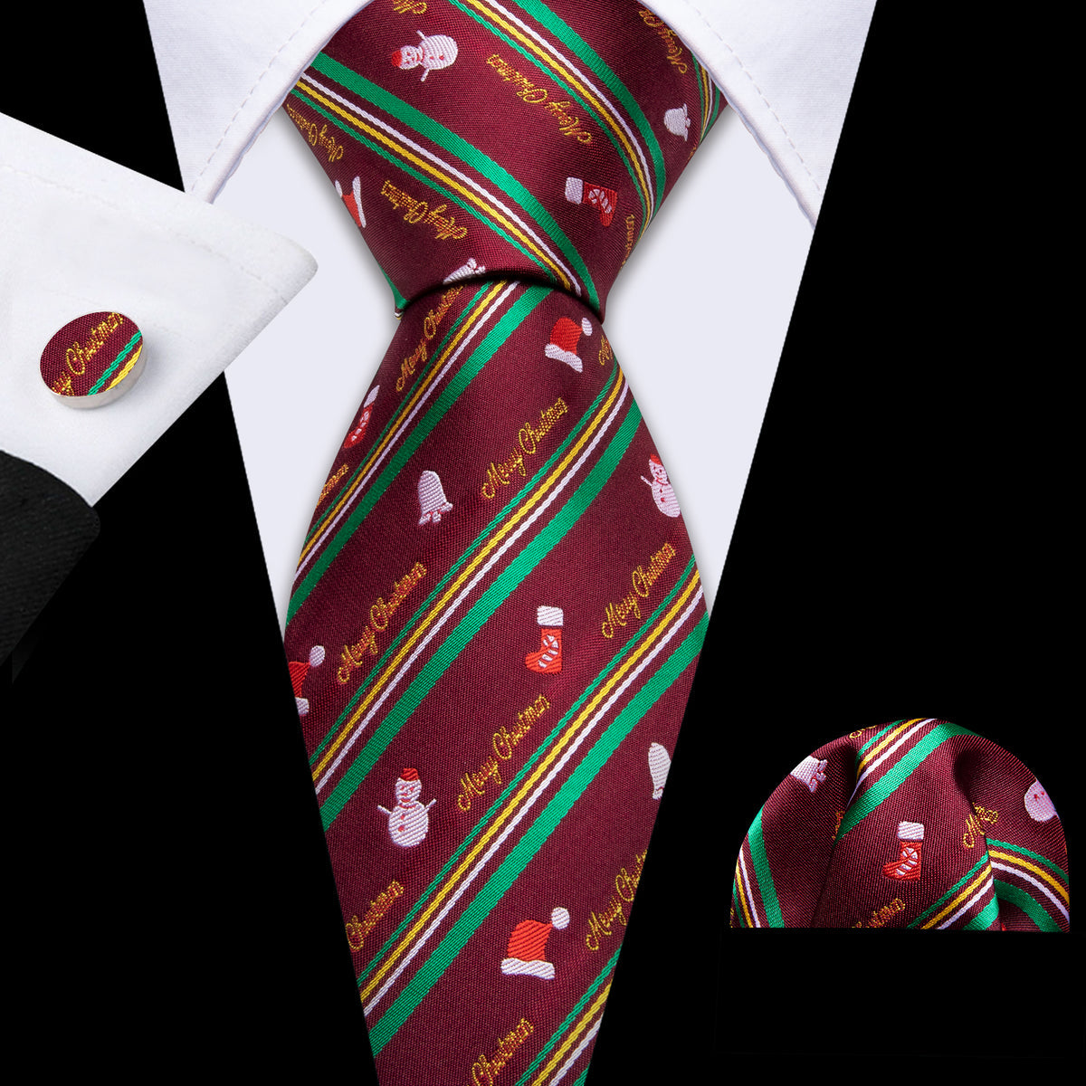 Christmas Claret Xmas Santa Claus Pattern Tie, Pocket Square and Cufflinks Set tie sets    - Sophisticated Gentlemen