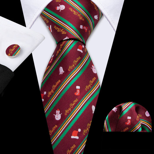 Christmas Claret Xmas Santa Claus Pattern Tie, Pocket Square and Cufflinks Set tie sets    - Sophisticated Gentlemen