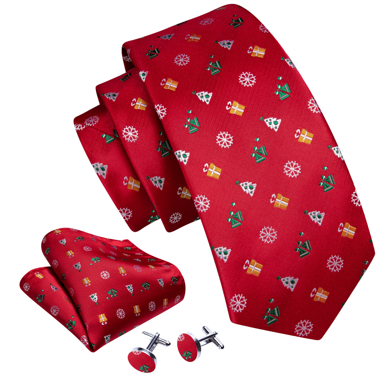 Red Christmas Pattern Tie, Pocket Square and Cufflinks Set tie sets    - Sophisticated Gentlemen