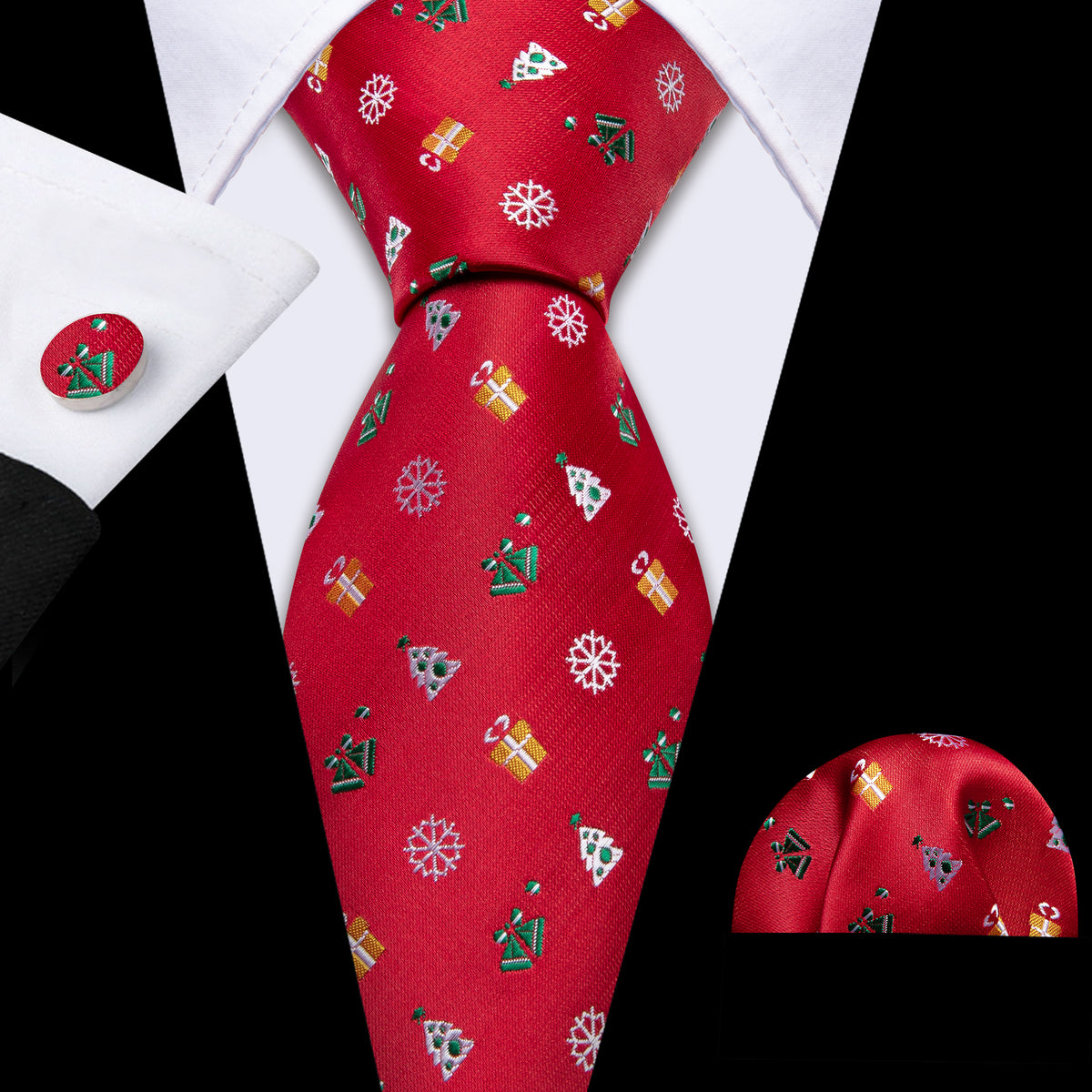 Red Christmas Pattern Tie, Pocket Square and Cufflinks Set tie sets    - Sophisticated Gentlemen