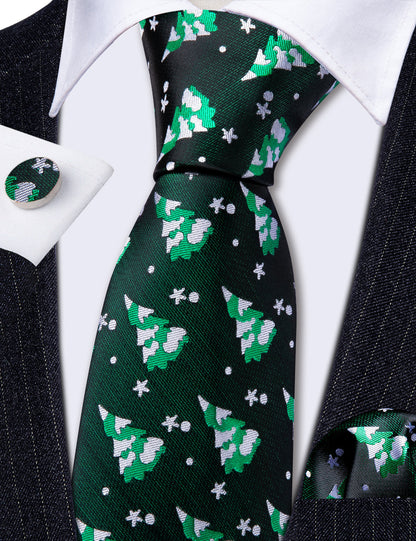 Green White Christmas Tree Silk Tie, Pocket Square and Cufflinks Set tie sets    - Sophisticated Gentlemen