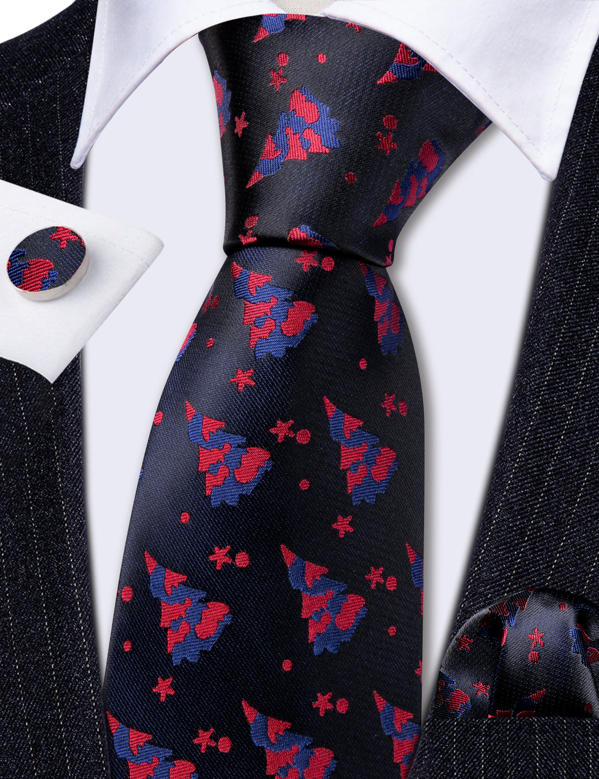 Black Red Christmas Jacquard Tie, Pocket Square and Cufflinks Set tie sets    - Sophisticated Gentlemen
