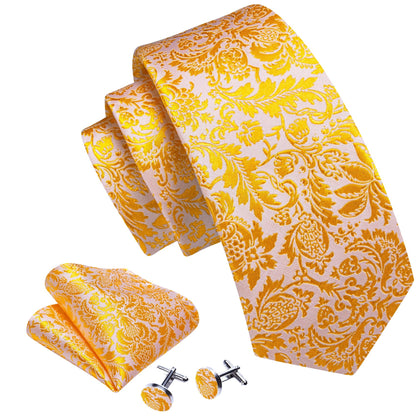 Gold and White Floral Silk Tie, Pocket Square and Cufflinks tie sets    - Sophisticated Gentlemen