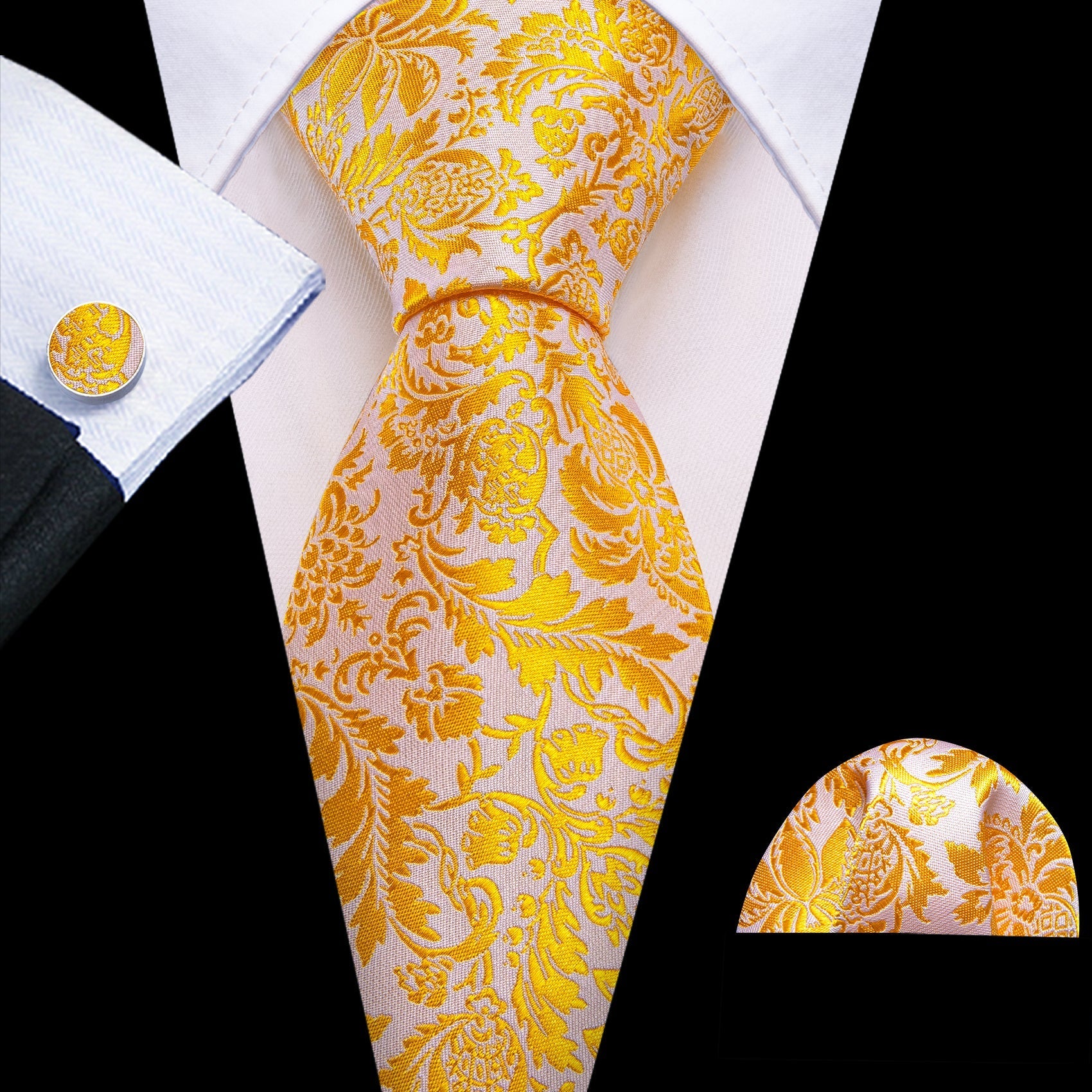 Gold and White Floral Silk Tie, Pocket Square and Cufflinks tie sets    - Sophisticated Gentlemen