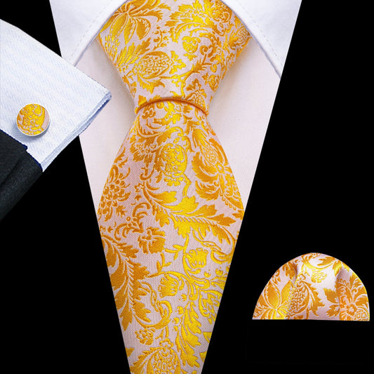 Gold and White Floral Silk Tie, Pocket Square and Cufflinks tie sets    - Sophisticated Gentlemen