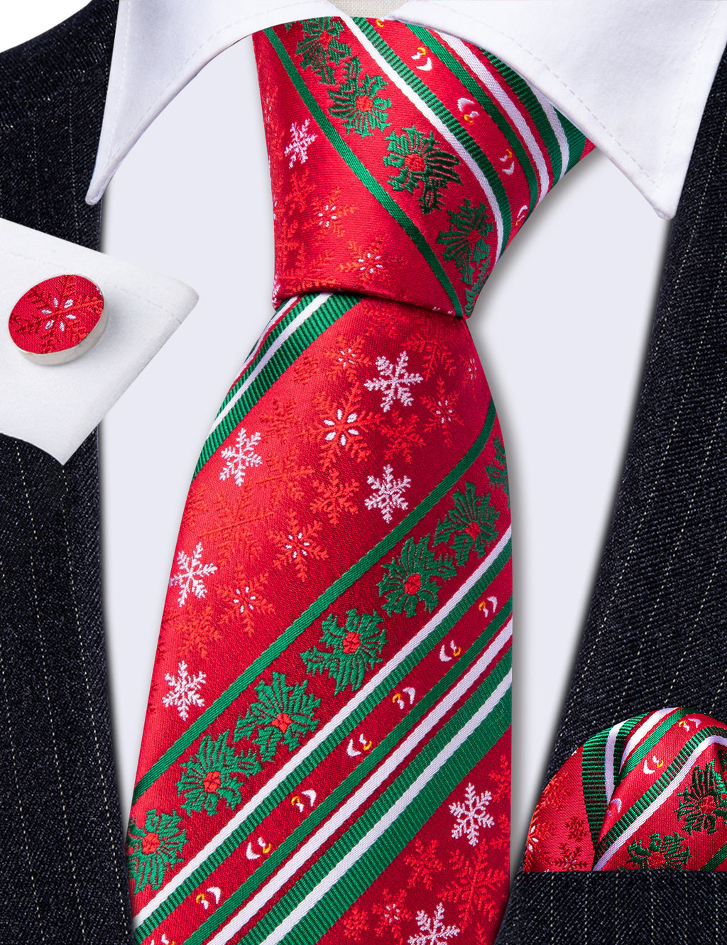 Red Christmas Snowflake Pattern Tie, Pocket Square and Cufflinks Set tie sets    - Sophisticated Gentlemen