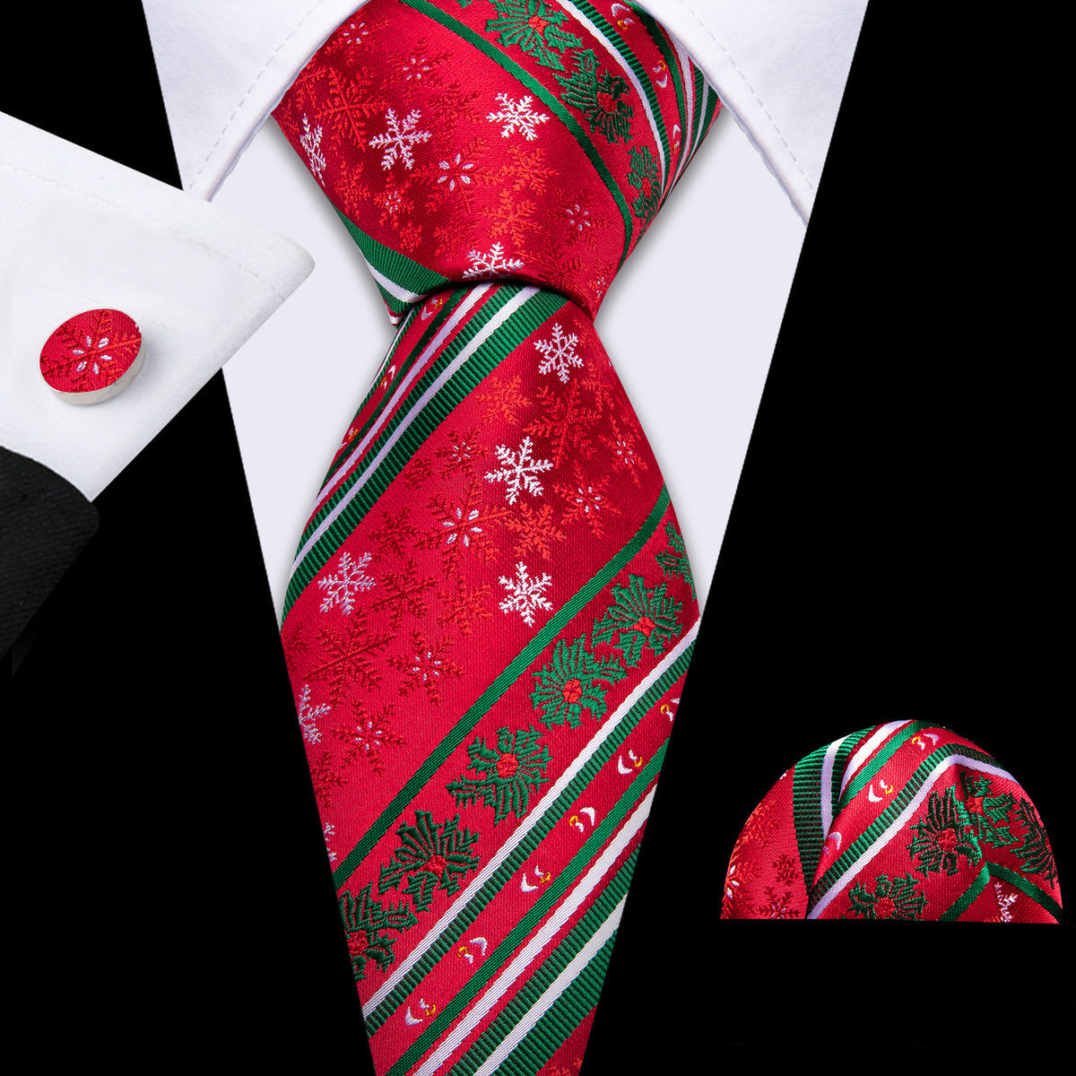 Red Christmas Snowflake Pattern Tie, Pocket Square and Cufflinks Set tie sets    - Sophisticated Gentlemen