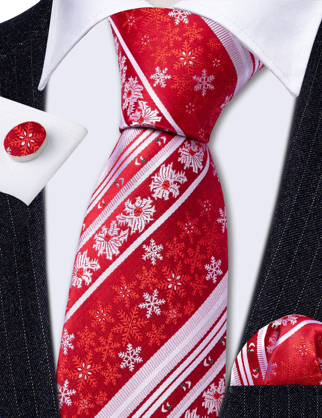 Red White Christmas Snowflake Pattern Tie, Pocket Square and Cufflinks Set tie sets    - Sophisticated Gentlemen
