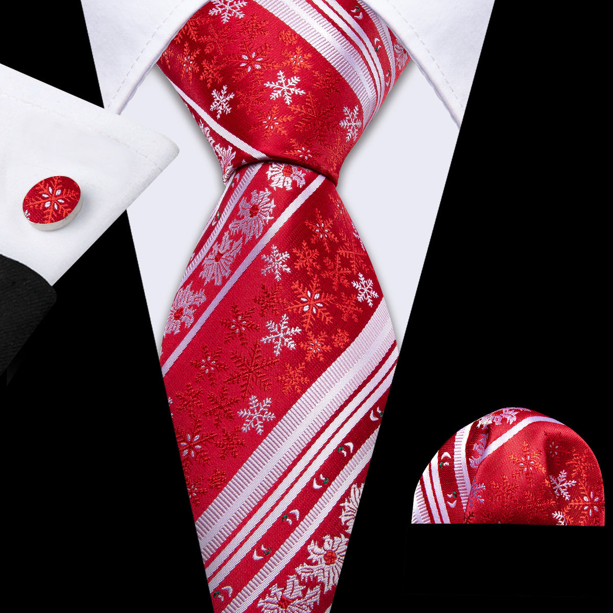 Red White Christmas Snowflake Pattern Tie, Pocket Square and Cufflinks Set tie sets    - Sophisticated Gentlemen