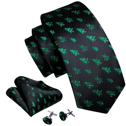 Black Green Xmas Tree Pattern Tie, Pocket Square and Cufflinks Set tie sets    - Sophisticated Gentlemen
