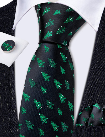 Black Green Xmas Tree Pattern Tie, Pocket Square and Cufflinks Set tie sets    - Sophisticated Gentlemen