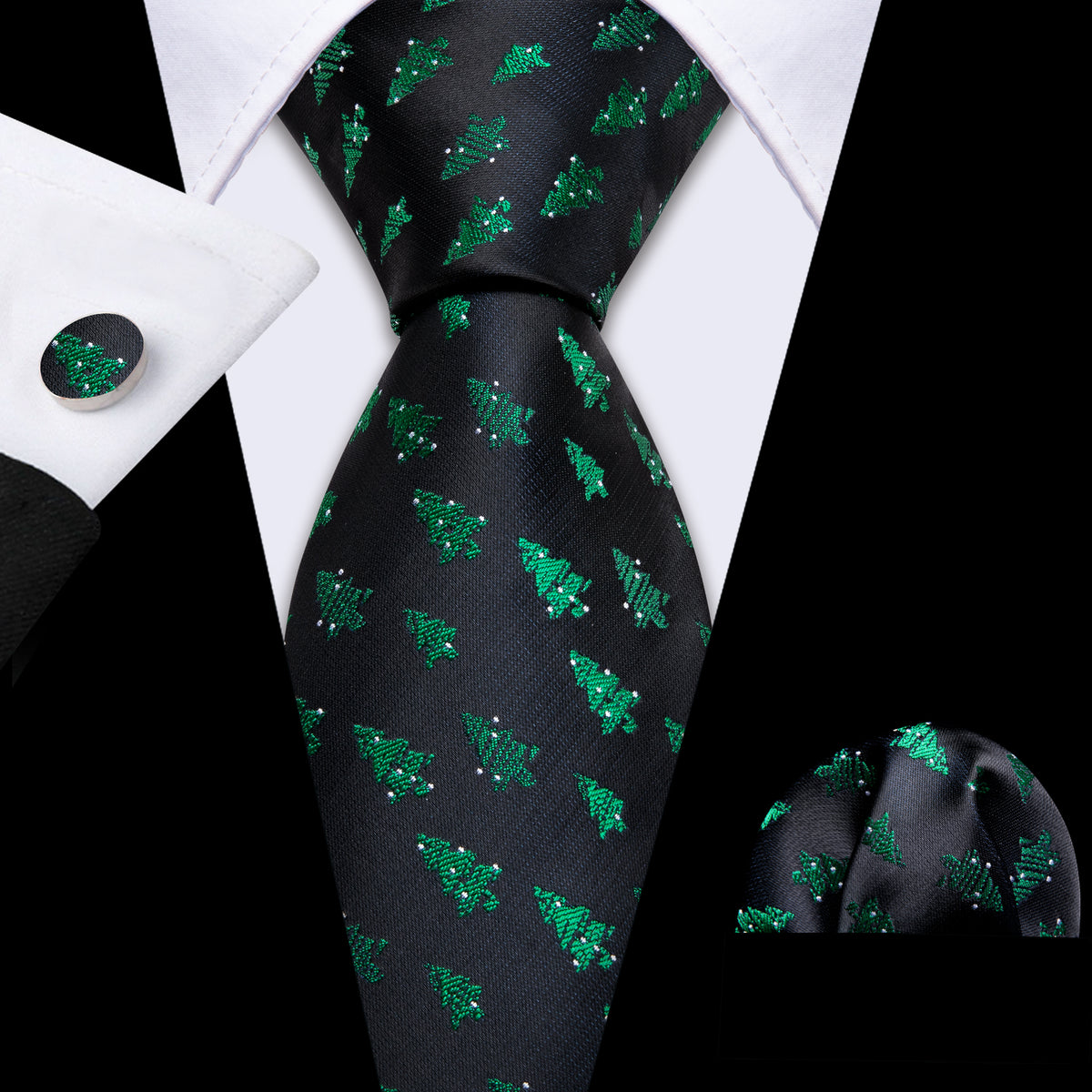 Black Green Xmas Tree Pattern Tie, Pocket Square and Cufflinks Set tie sets    - Sophisticated Gentlemen